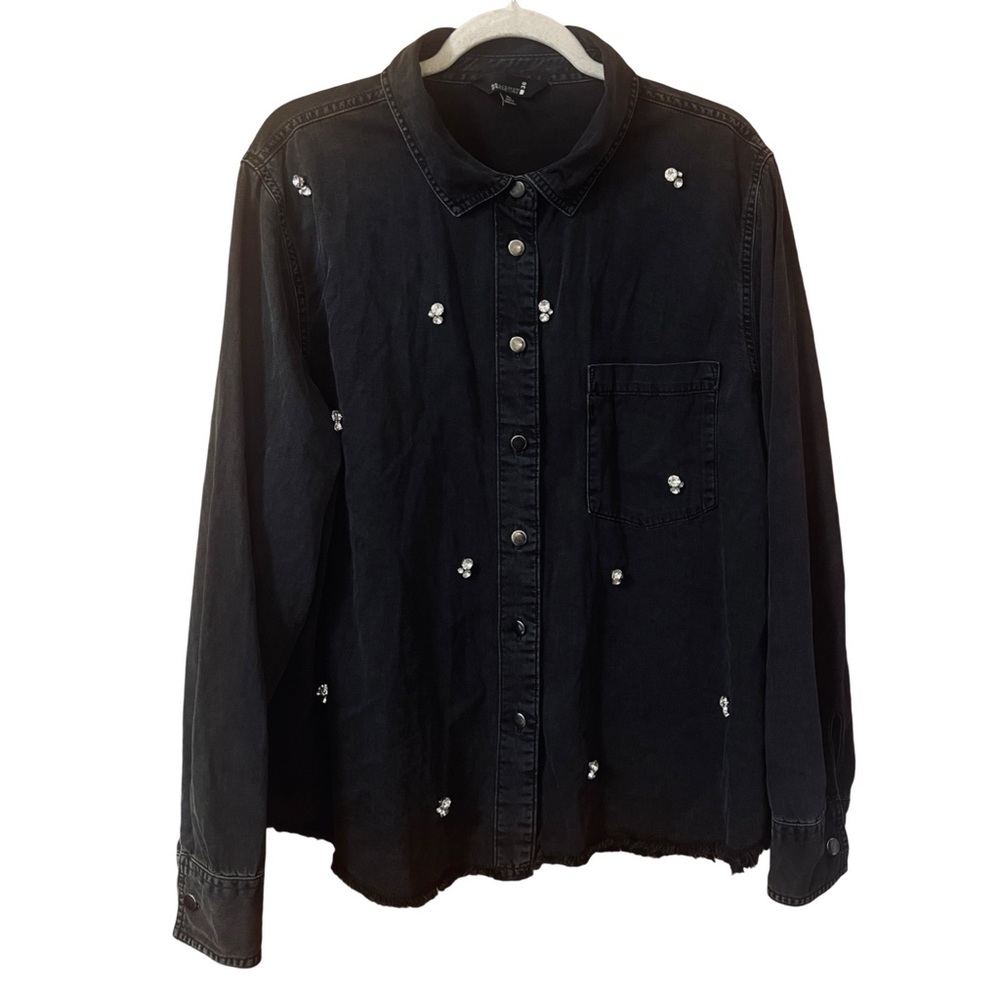 Jewel Embellished Black Chambray Button Down Shirt